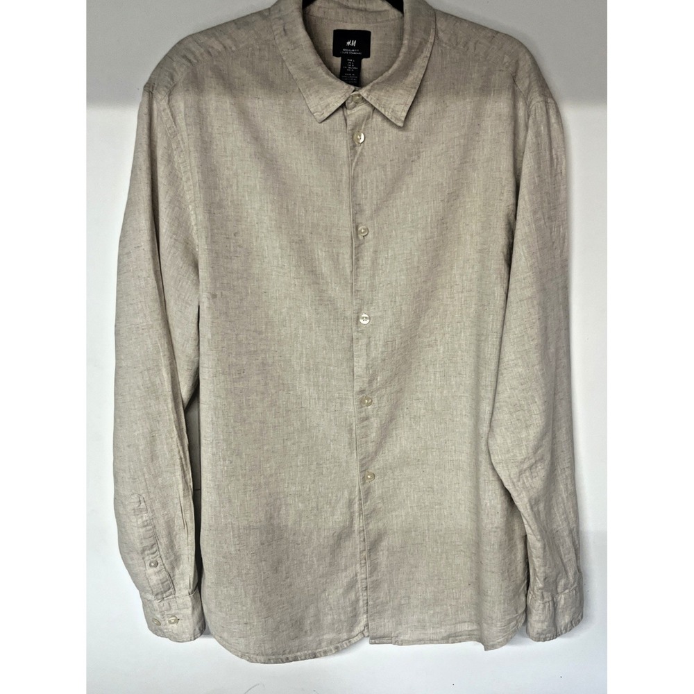 HM Mens Long Sleeve‎ 100 Percent Linen Button Up Shirt Size L Lagenlook Basic